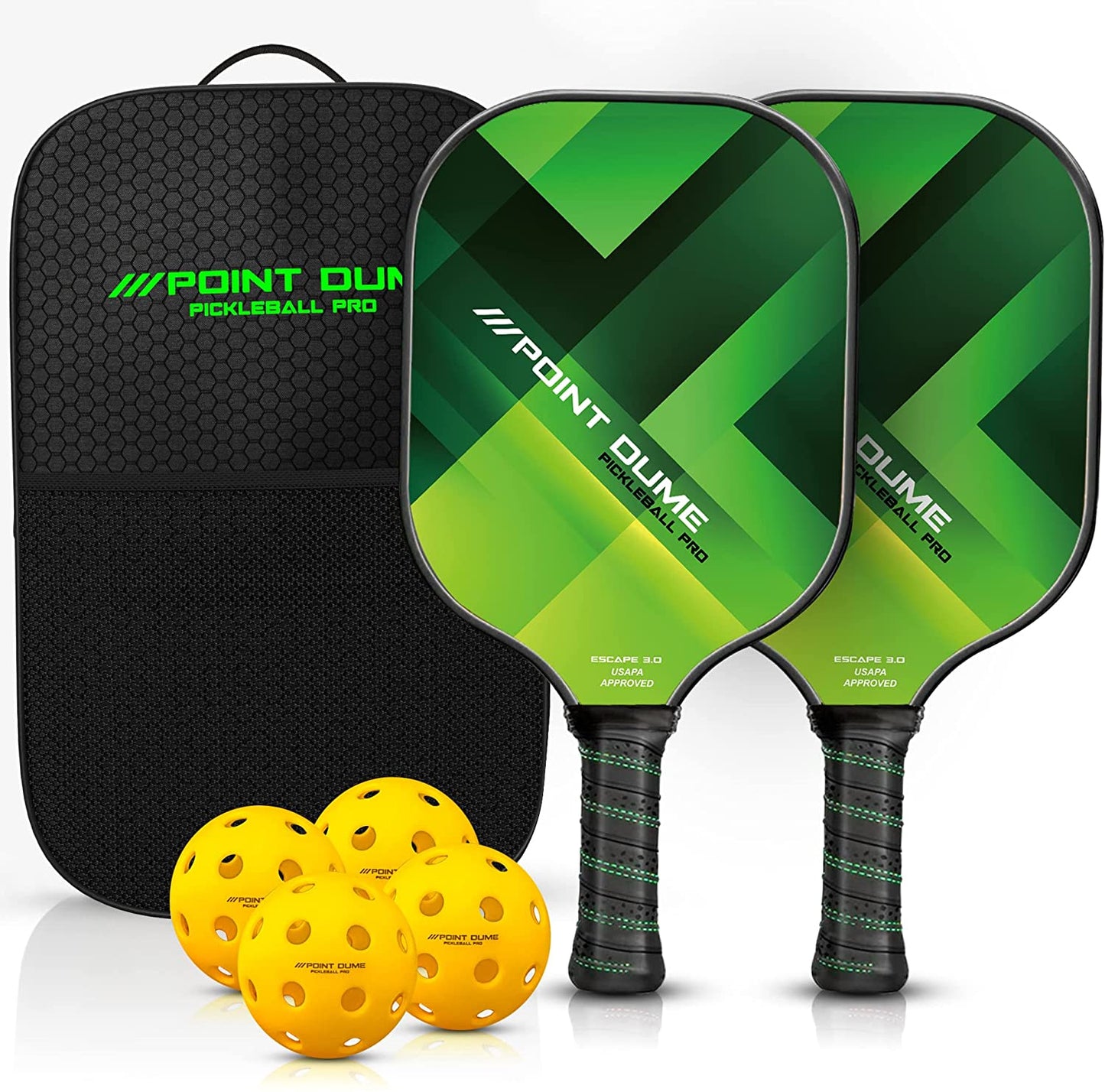 Pickleball Green Set of 2 Paddles 4 Pickleballs and Carry Case